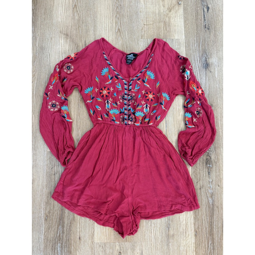Angie Romper Womens Small Magenta Pink Floral Embroidered Long Sleeve Boho Gauze